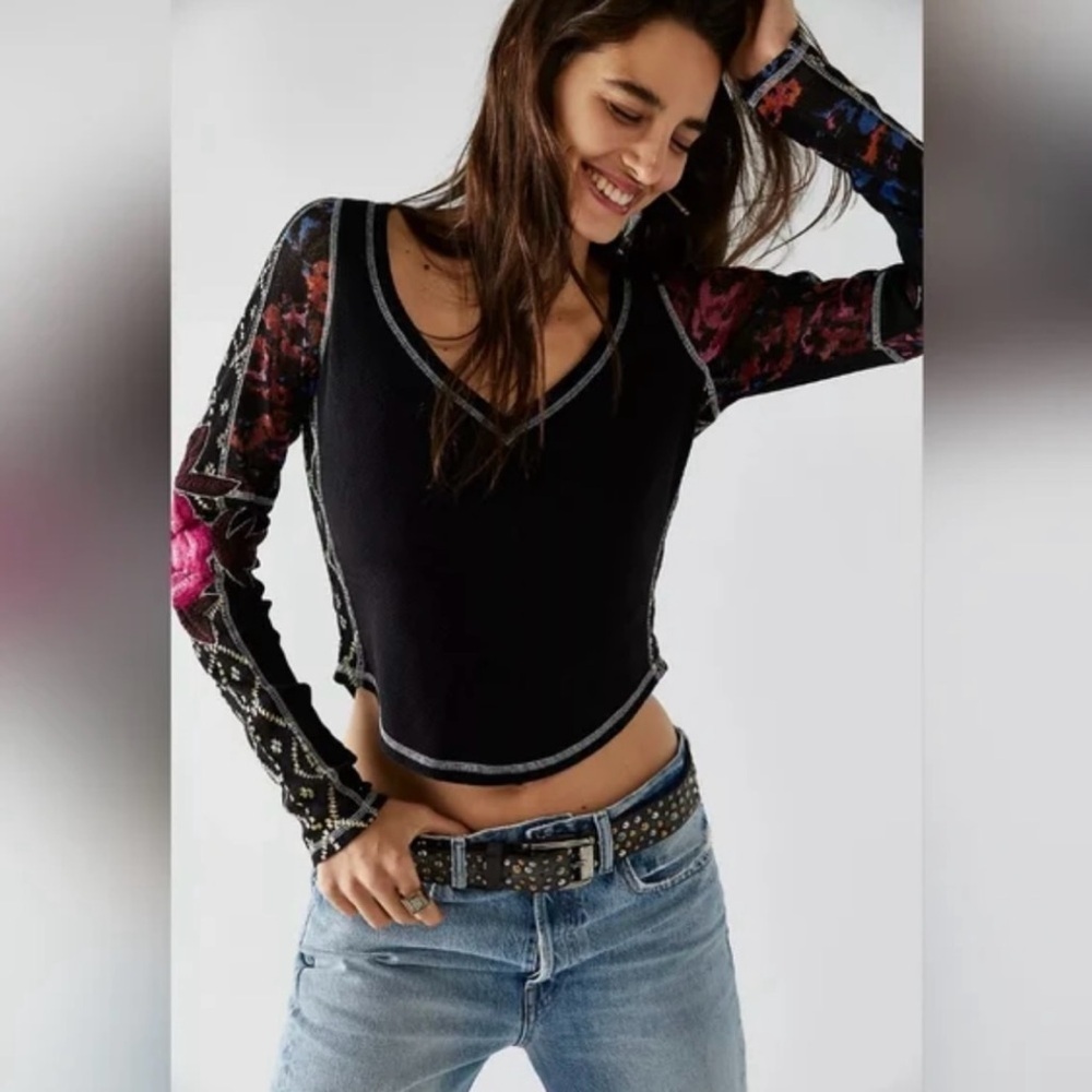 Free People Top Amara V-Neck Thermal Embroidered Floral Black Sz XS NWT New